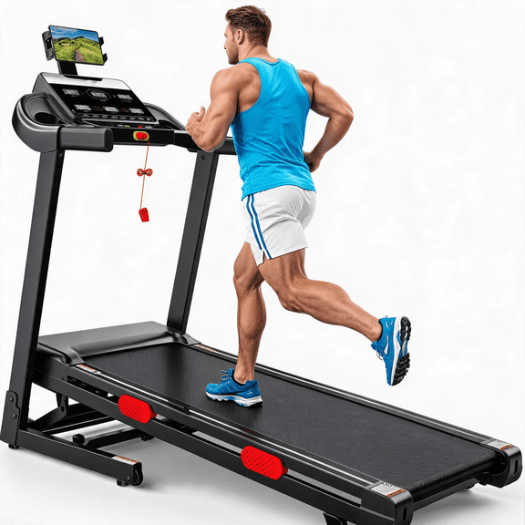 Folding Electric Treadmill for Home, Compact Running Machine with 4 HP Motor, Treadmill 300 lb Capacity, Treadmill with 15% Incline, 9 MPH, Quiet Brushless Motor, 105 Programs, Space-Saving