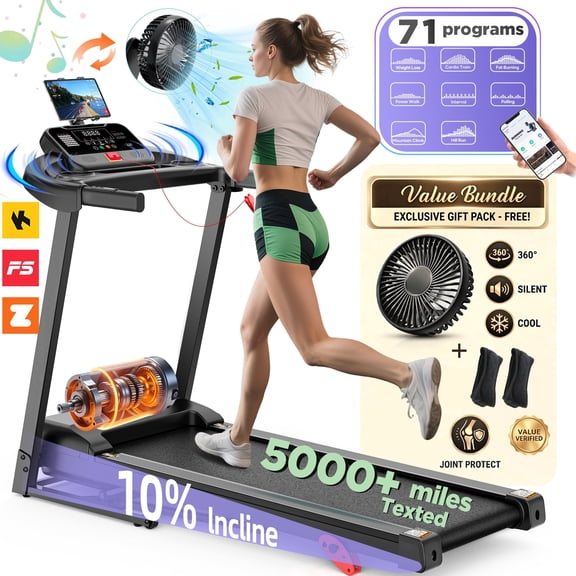Folding Electric Treadmill for Home, Compact Running Machine with 3HP Motor, 300 Lbs Capacity, 3-Level Adjustable Incline, Up to 7.5 MPH, Quiet Brushless Motor, 64 Preset Programs, Space-Saving Fitne