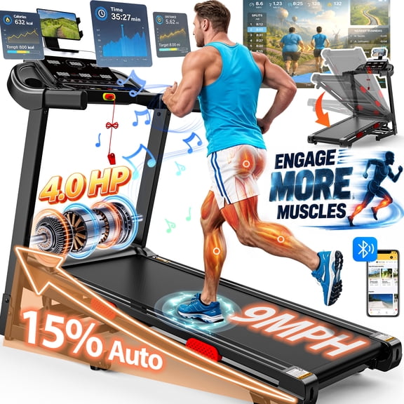 Folding Electric Treadmill for Home, Compact Running Machine with 4HP Motor, Treadmill 300 lb Capacity, Treadmill with 15% Incline, 9MPH, Quiet Brushless Motor, 105 Programs, Space-Saving