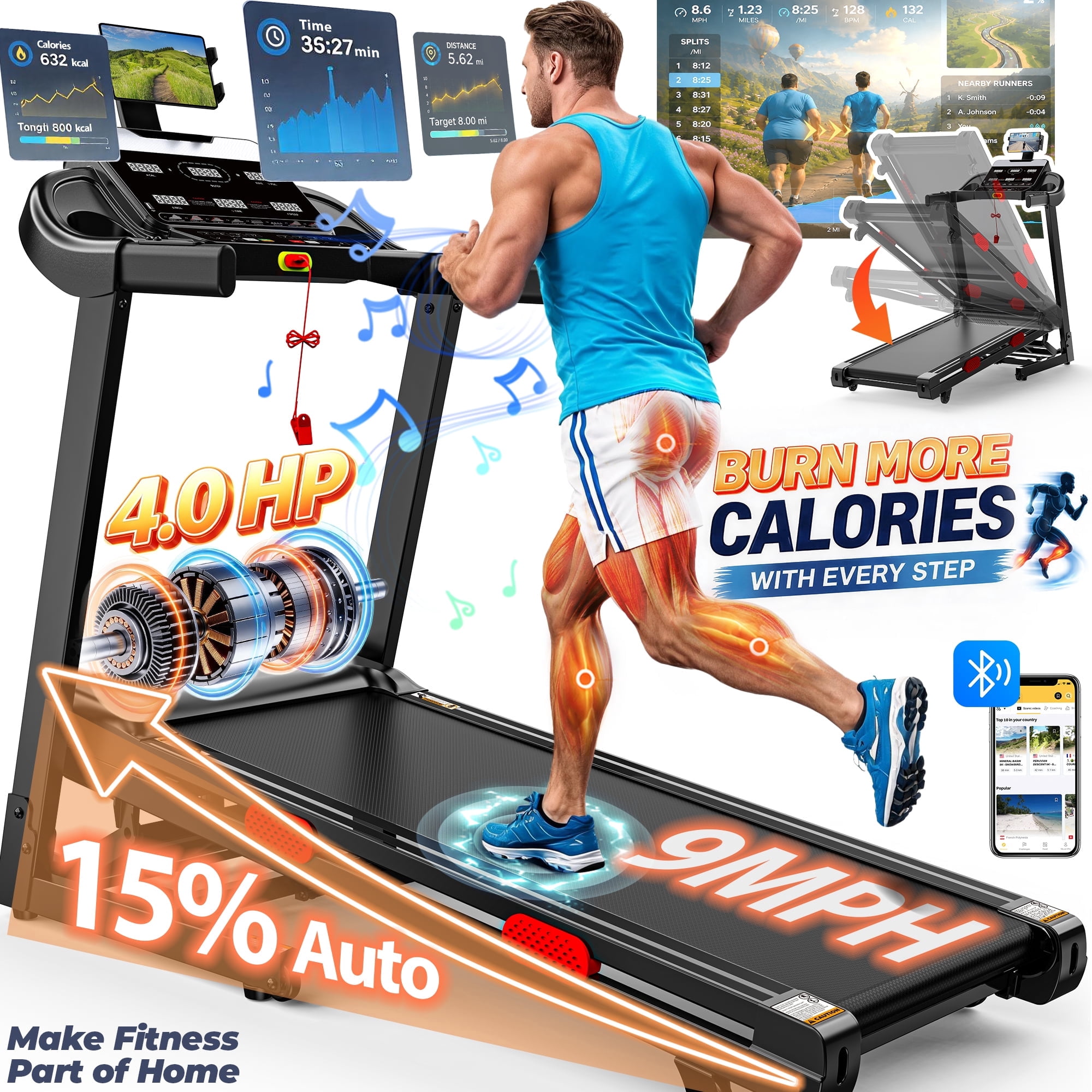 Folding Electric Treadmill for Home, Compact Running Machine with 4HP Motor, Treadmill 300 lb Capacity, Treadmill with 15% Incline, 9MPH, Quiet Brushless Motor,