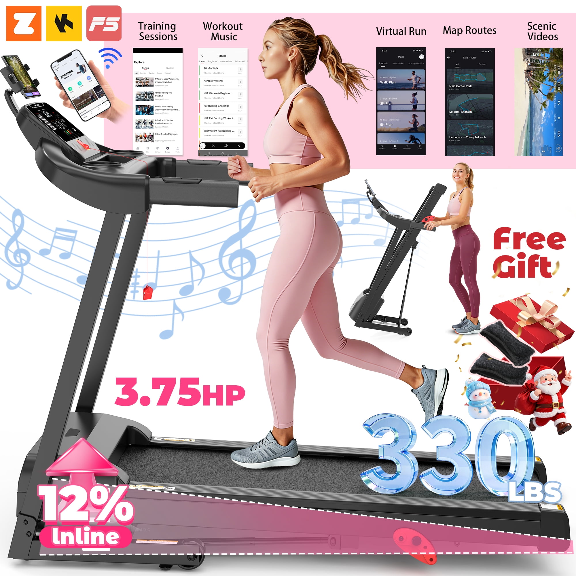 ODYAAZ 3.75HP Folding Treadmill, 300lbs Capacity, 71 Programs, 3 Incline, 7.5MPH, Intelligent APP Control