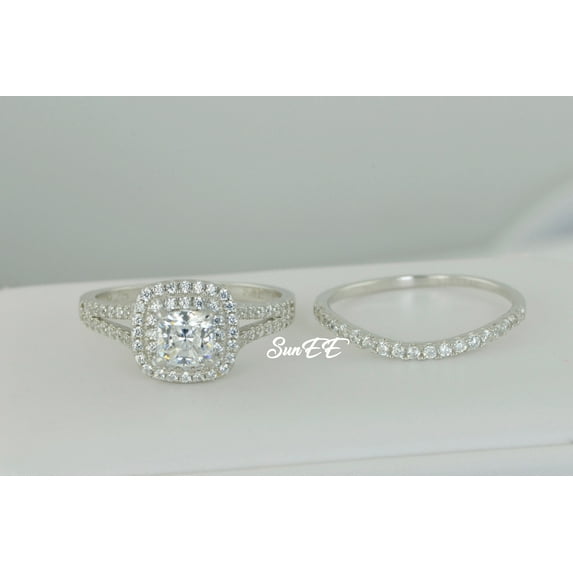 2.75ct Double Halo Cushion Cut Bridal Wedding Engagement Ring Diamond Simulated 925 Sterling Silver Anniversary Rings SKU:00151