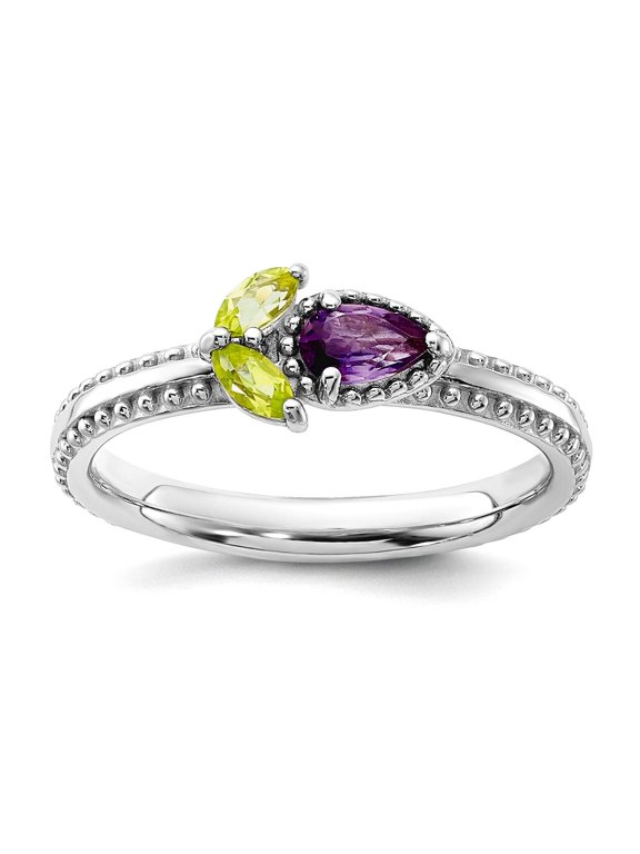 2.75mm 925 Sterling Silver Stackable Rhodium Plated Amethyst Peridot Flower Ring Size 9 Stackable Ring for Women