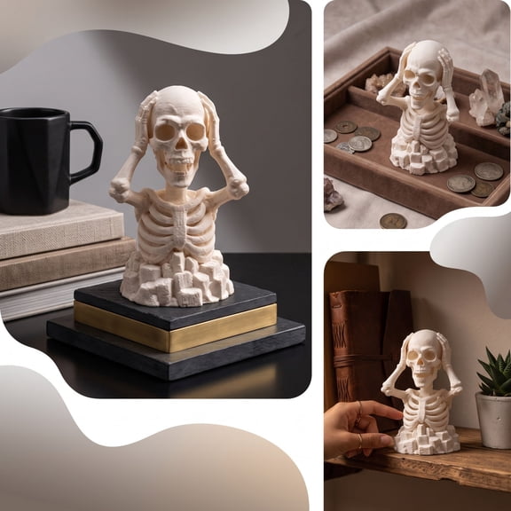 2.76 Inch Hands on Head Skeleton Figurine Mini Gothic Skull Bust Statue Blank DIY Paintable Desktop Ornament Halloween Tabletop Decor for Shelf & Crystal Tray Display
