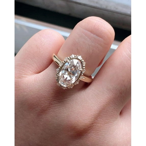 2.76CT Oval Rose Cut Moissanite Engagement Ring, Handmade Solid Yellow Gold Vintage Anniversary Gift Ring, Art Deco Wedding Ring For Women