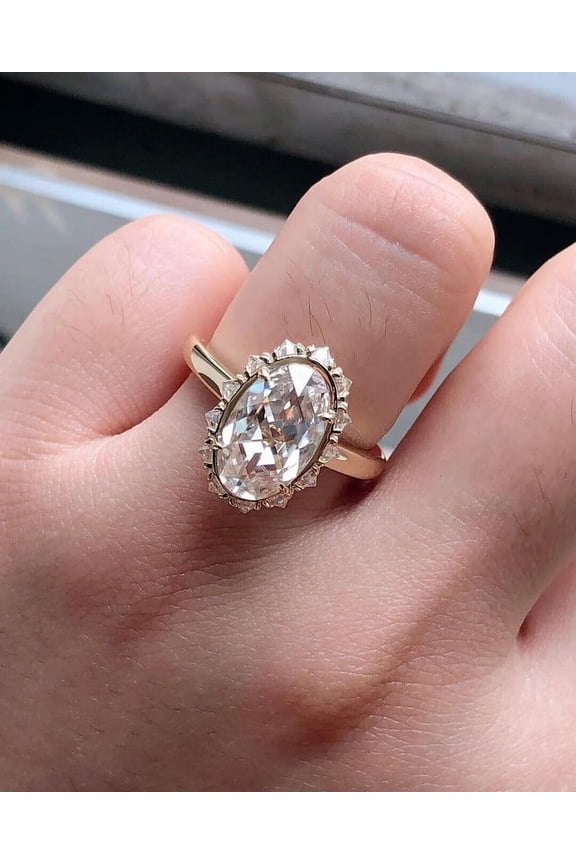 2.76CT Oval Rose Cut Moissanite Engagement Ring, Handmade Solid Yellow Gold Vintage Anniversary Gift Ring, Art Deco Wedding Ring For Women