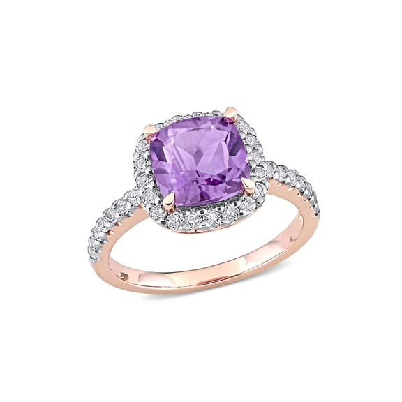 2.77 Carat (Ctw) Amethyst Cushion Cut and White Topaz Ring in 10K Rose Pink Gold for Women