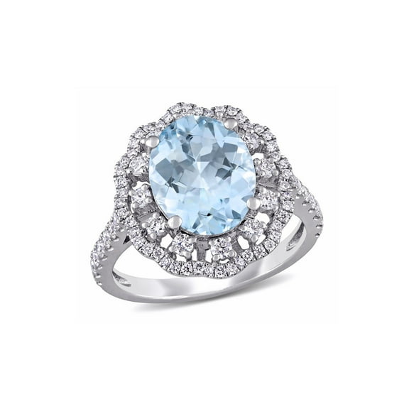 2.77 Carat (Ctw) Aquamarine Halo Cocktail Ring with Diamonds 3/4 Carat (Ctw) in 14K White Gold for Women