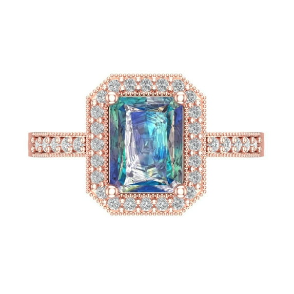 2.78 ct Emerald Cut Blue Moissanite with Simulated Diamond Halo Accents 18K Rose Gold Womens Engagement Ring