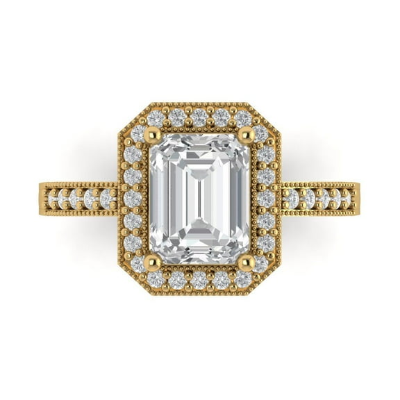 2.78 ctw with Simulated Diamond Halo Accents Anniversary Ring for Women | Emerald Cut Moissanite | Hyperallergenic Solid 14K Yellow Gold