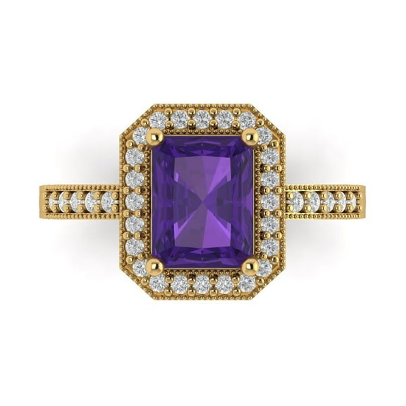 2.78 ct Emerald Cut Natural Amethyst with Simulated Diamond Halo Accents 14K Yellow Gold Womens Engagement Ring