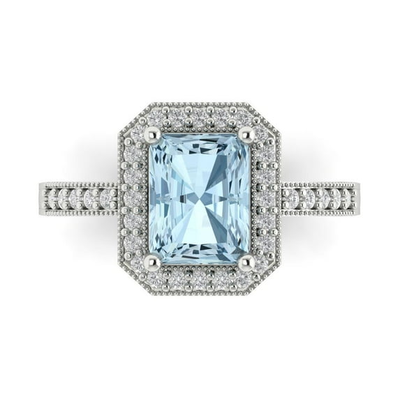 2.78 ct Emerald Cut Natural Aquamarine with Simulated Diamond Halo Accents 14K White Gold Womens Engagement Ring