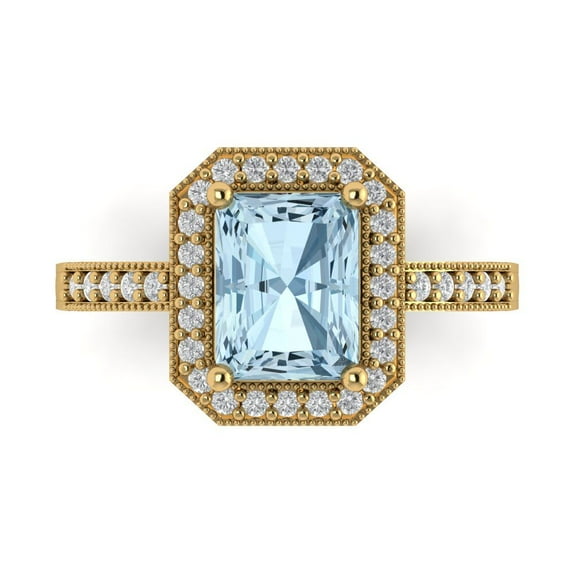 2.78 ct Emerald Cut Natural Aquamarine with Simulated Diamond Halo Accents 14K Yellow Gold Womens Engagement Ring