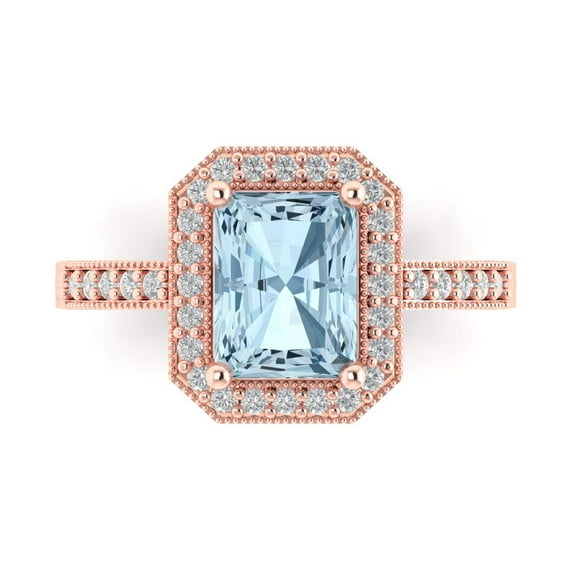 2.78 ct Emerald Cut Natural Aquamarine with Simulated Diamond Halo Accents 18K Rose Gold Womens Engagement Ring