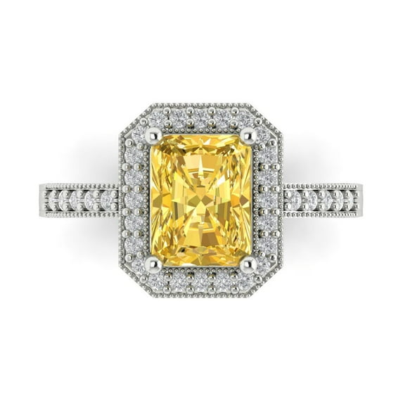 2.78 ct Emerald Cut Natural Citrine with Simulated Diamond Halo Accents 18K White Gold Womens Engagement Ring
