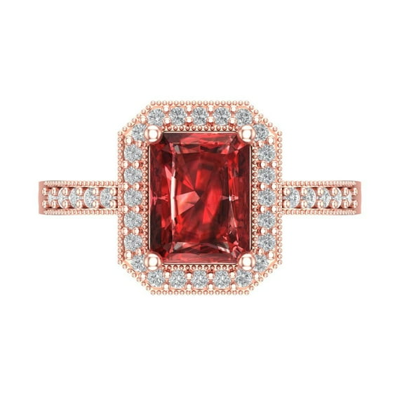 2.78 ctw with Simulated Diamond Halo Accents Anniversary Ring for Women | Emerald Cut Natural Garnet | Hyperallergenic Solid 14K Rose Gold