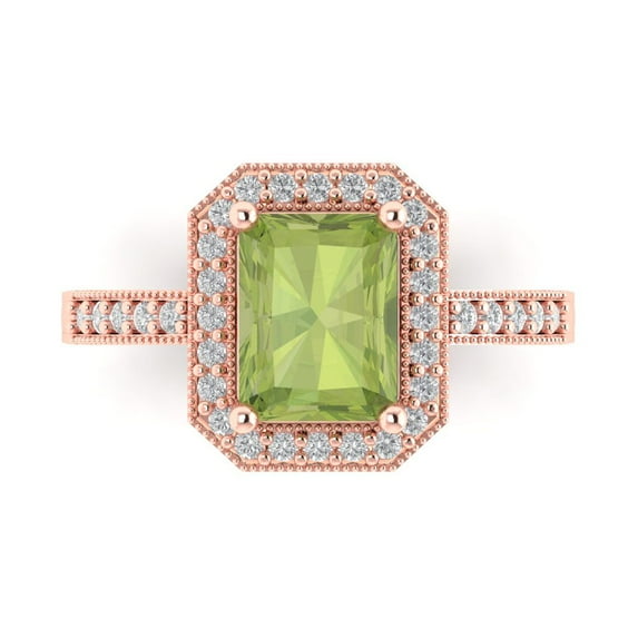 2.78 ctw with Simulated Diamond Halo Accents Anniversary Ring for Women | Emerald Cut Natural Peridot | Hyperallergenic Solid 14K Rose Gold