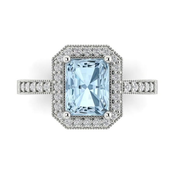 2.78 ct Emerald Cut Natural Sky Blue Topaz with Simulated Diamond Halo Accents 14K White Gold Womens Engagement Ring