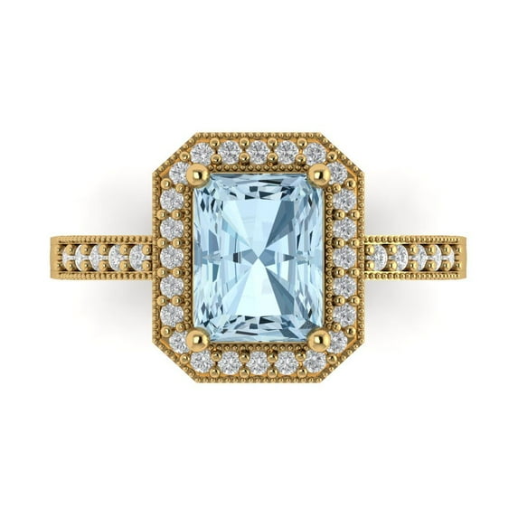 2.78 ct Emerald Cut Natural Sky Blue Topaz with Simulated Diamond Halo Accents 14K Yellow Gold Womens Engagement Ring