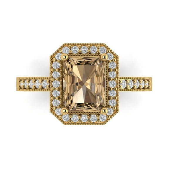2.78 ct Emerald Cut Simulated Champagne Diamond Halo Engagement Ring for Women in 14K Yellow Gold