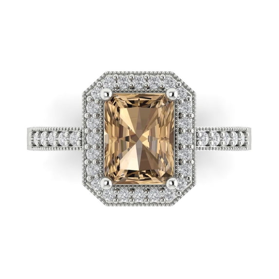 2.78 ct Emerald Cut Simulated Champagne Diamond with Simulated Diamond Halo Accents 18K White Gold Womens Engagement Ring