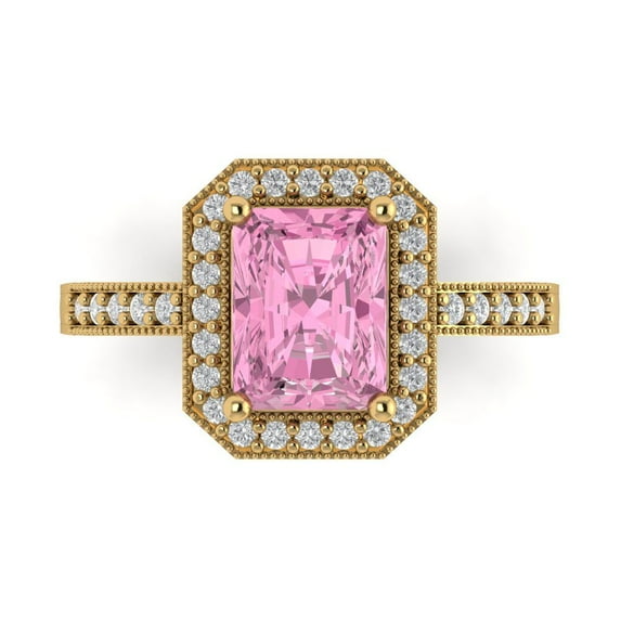 2.78 ct Emerald Cut Simulated Pink Diamond Halo Engagement Ring for Women in 18K Yellow Gold