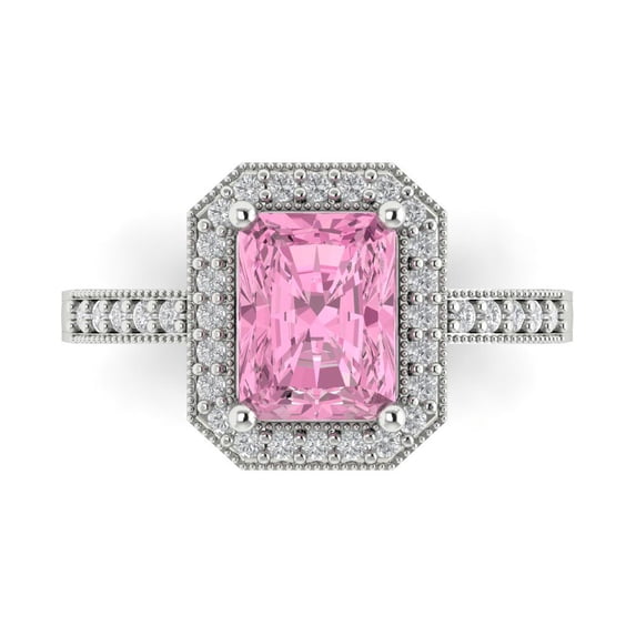 2.78 ct Emerald Cut Simulated Pink Diamond with Simulated Diamond Halo Accents 14K White Gold Womens Engagement Ring