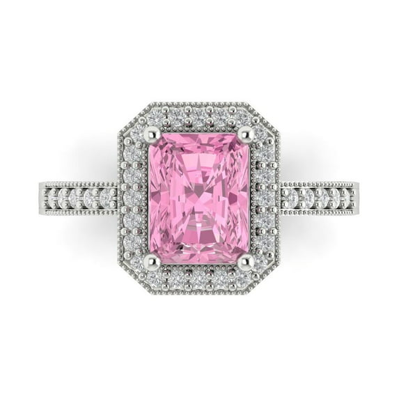 2.78 ct Emerald Cut Simulated Pink Diamond with Simulated Diamond Halo Accents 18K White Gold Womens Engagement Ring