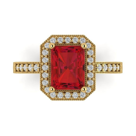 2.78 ct Emerald Cut Simulated Pink Tourmaline with Simulated Diamond Halo Accents 14K Yellow Gold Womens Engagement Ring