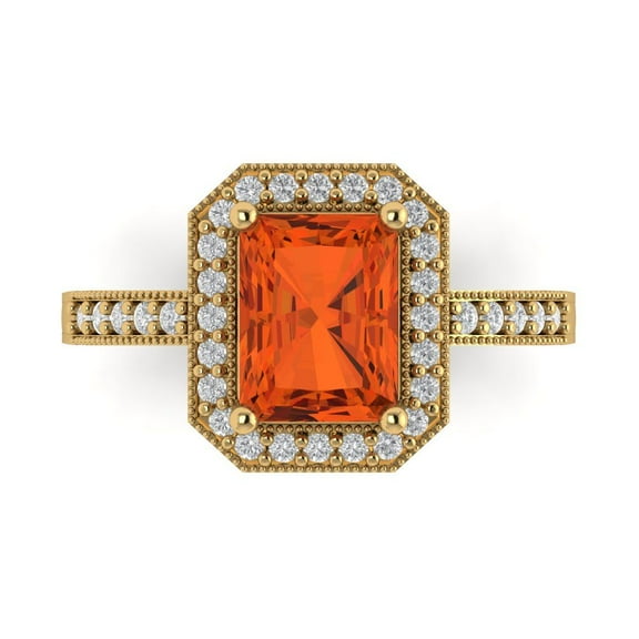 2.78 ct Emerald Cut Simulated Red Diamond with Simulated Diamond Halo Accents 14K Yellow Gold Womens Engagement Ring