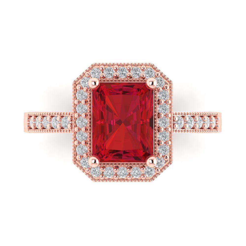 Ruby Simulant 2.78 ct Emerald Cut Simulated Ruby with Simulated Diamond Halo Accents ...