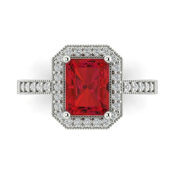 2.78 ct Emerald Cut Simulated Ruby with Simulated Diamond Halo Accents 18K White Gold Womens Engagement Ring