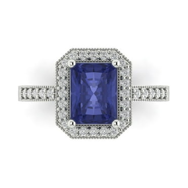 2.78 ct Emerald Cut Simulated Tanzanite with Simulated Diamond Halo Accents 18K White Gold Womens Engagement Ring