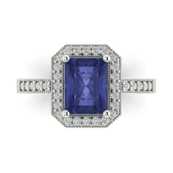 2.78 ct Emerald Cut Simulated Tanzanite with Simulated Diamond Halo Accents 18K White Gold Womens Engagement Ring