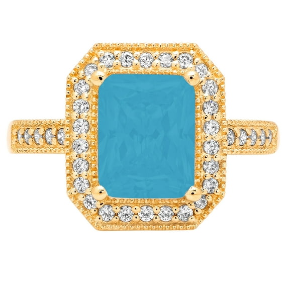 2.78 ct Emerald Cut Simulated Turquoise with Simulated Diamond Halo Accents 14K Yellow Gold Womens Engagement Ring