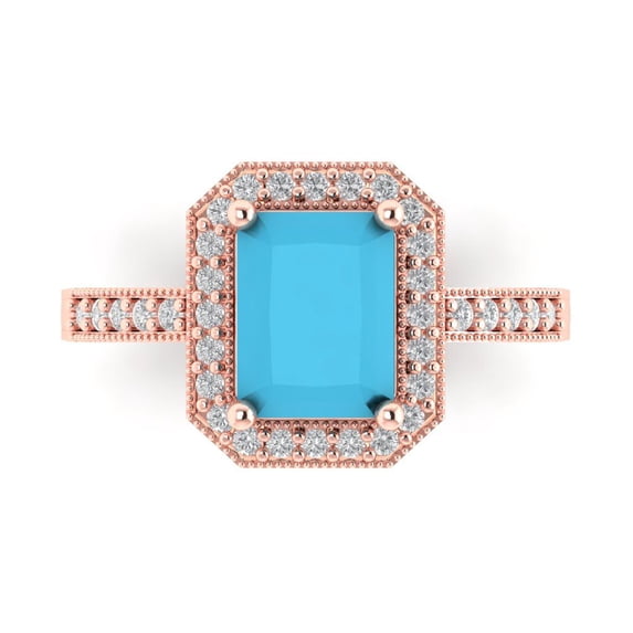 2.78 ct Emerald Cut Simulated Turquoise with Simulated Diamond Halo Accents 18K Rose Gold Womens Engagement Ring
