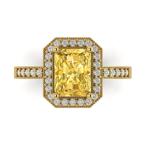 2.78 ct Emerald Cut Simulated Yellow Diamond with Simulated Diamond Halo Accents 18K Yellow Gold Womens Engagement Ring