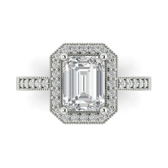 2.78 ctw with Simulated Diamond Halo Accents Anniversary Ring for Women | Emerald Cut White Sapphire | Hyperallergenic Solid 14K White Gold