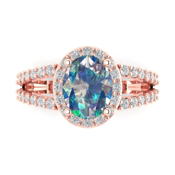 2.78ct Oval Cut Blue Moissanite 14k Pink Rose Gold Engraving Statement Bridal Wedding Halo Designer Ring Size 10.5