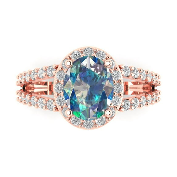 2.78ct Oval Cut Blue Moissanite 18k Pink Rose Gold Engraving Statement Bridal Wedding Halo Designer Ring Size 5