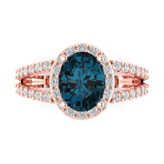 2.78ct Oval Cut Blue Natural London Blue Topaz 14k Pink Rose Gold Engraving Statement Bridal Wedding Halo Designer Ring Size 8