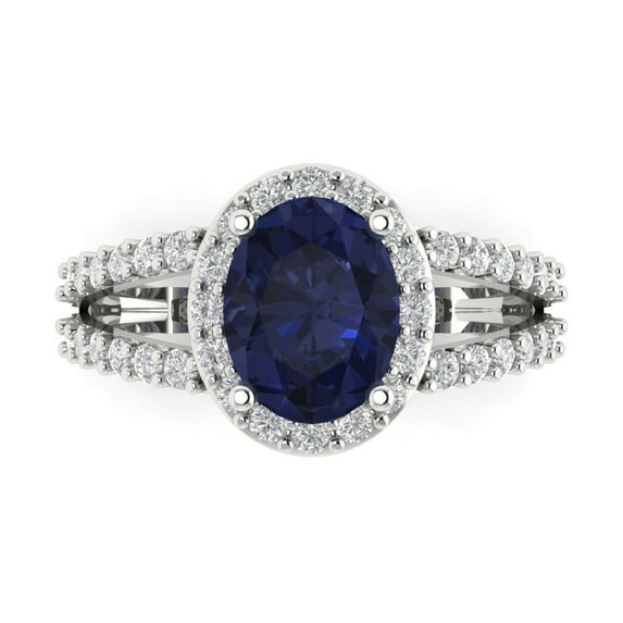 2.78ct Oval Cut Blue Sapphire 14k White Gold Engraving Statement Bridal Wedding Halo Designer Ring Size 5.5