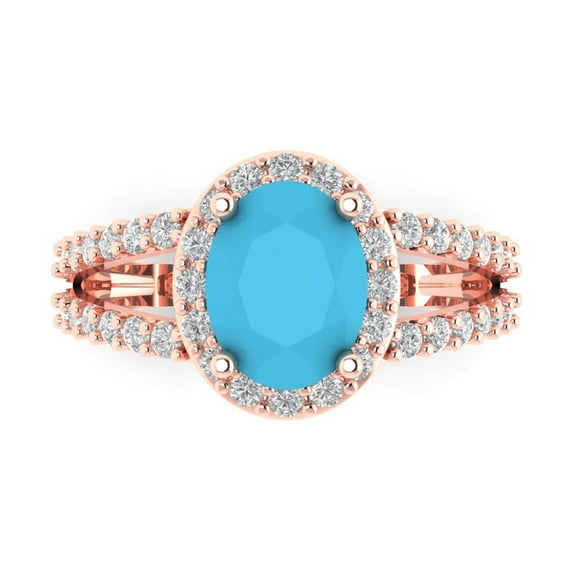 2.78ct Oval Cut Blue Turquoise 18k Pink Rose Gold Engraving Statement Bridal Wedding Halo Designer Ring Size 6.5