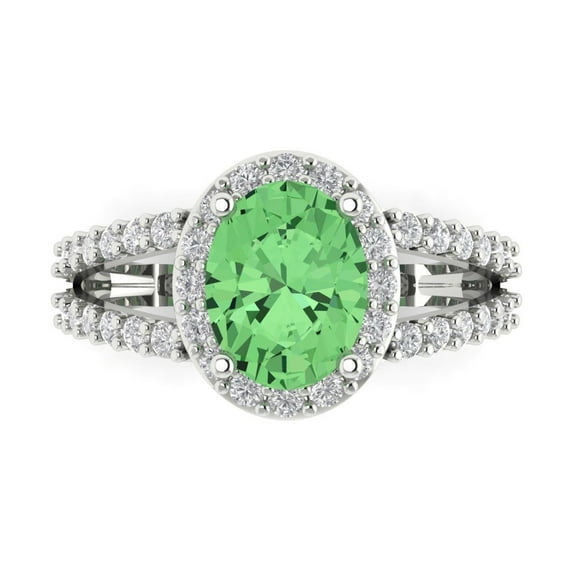 2.78ct Oval Cut Green Crystal 14k White Gold Engraving Statement Bridal Wedding Halo Designer Ring Size 10.5