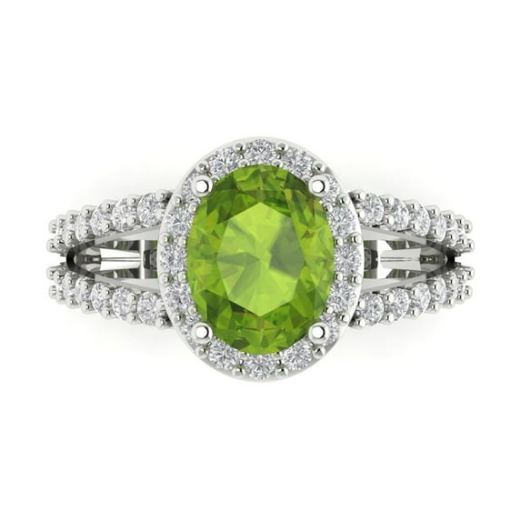 2.78ct Oval Cut Green Natural Peridot 14k White Gold Engraving Statement Bridal Wedding Halo Designer Ring Size 10