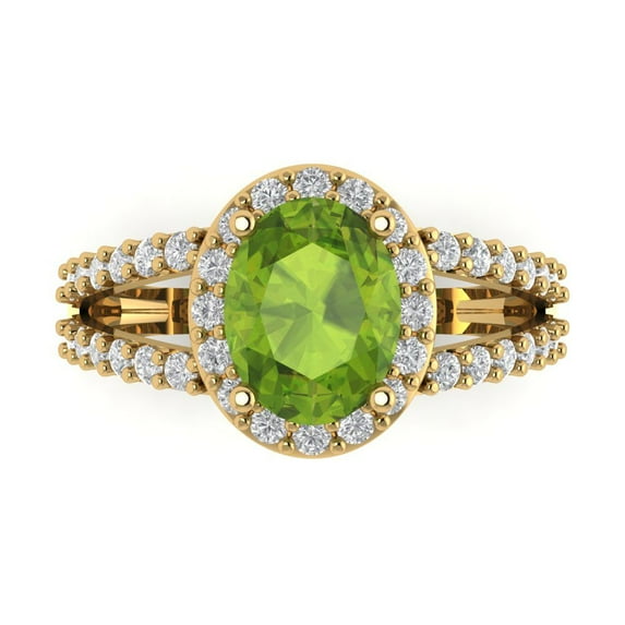 2.78ct Oval Cut Green Natural Peridot 18k Yellow Gold Engraving Statement Bridal Wedding Halo Designer Ring Size 8.5