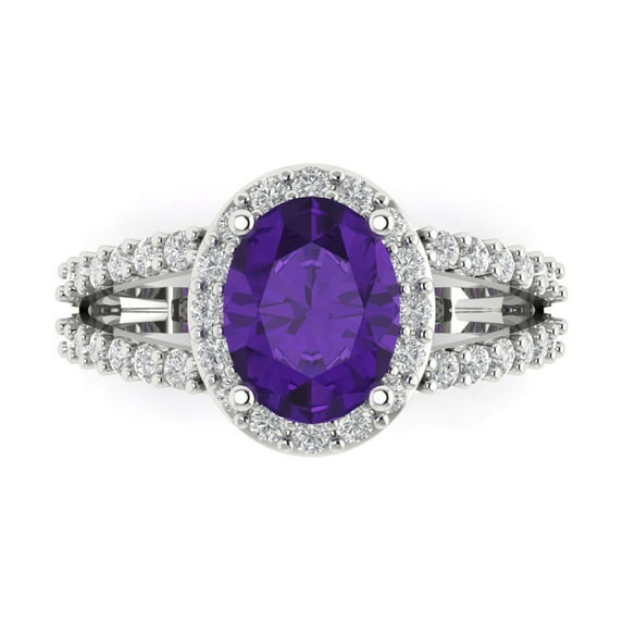 2.78ct Oval Cut Purple Natural Amethyst 18k White Gold Engraving Statement Bridal Wedding Halo Designer Ring Size 9