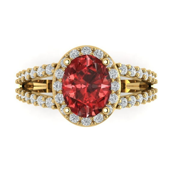 2.78ct Oval Cut Red Natural Garnet 14k Yellow Gold Engraving Statement Bridal Wedding Halo Designer Ring Size 7.5
