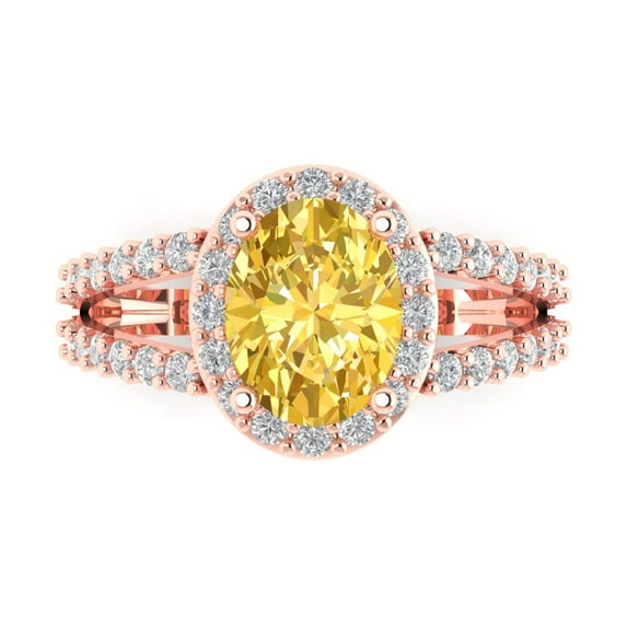 2.78ct Oval Cut Yellow Crystal 14k Pink Rose Gold Engraving Statement Bridal Wedding Halo Designer Ring Size 7