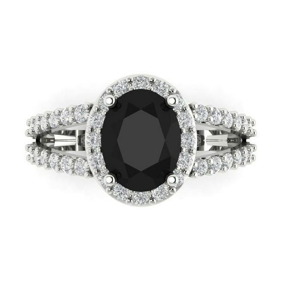 Clara Pucci 14K White Gold Solid Gold Onyx Solitaire with Accents Anniversary Ring for Women - 2.6 cttw Oval Cut